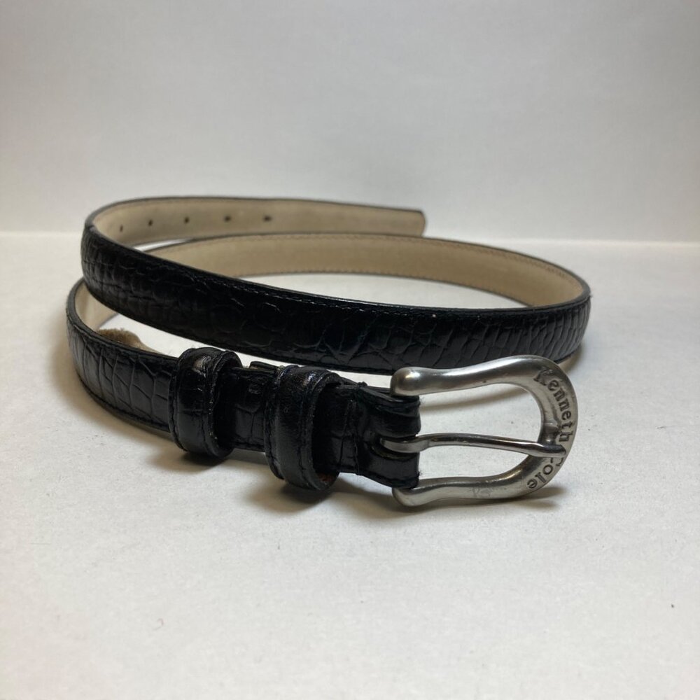 Kenneth Cole Womens 34 in  Black Embossed Leather Belt With Silver Buckle  Large